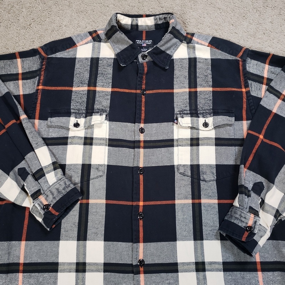 VINTAGE Polo Jeans Co Shirt Adult Large Black Ralph Lauren Flannel Plaid Men L